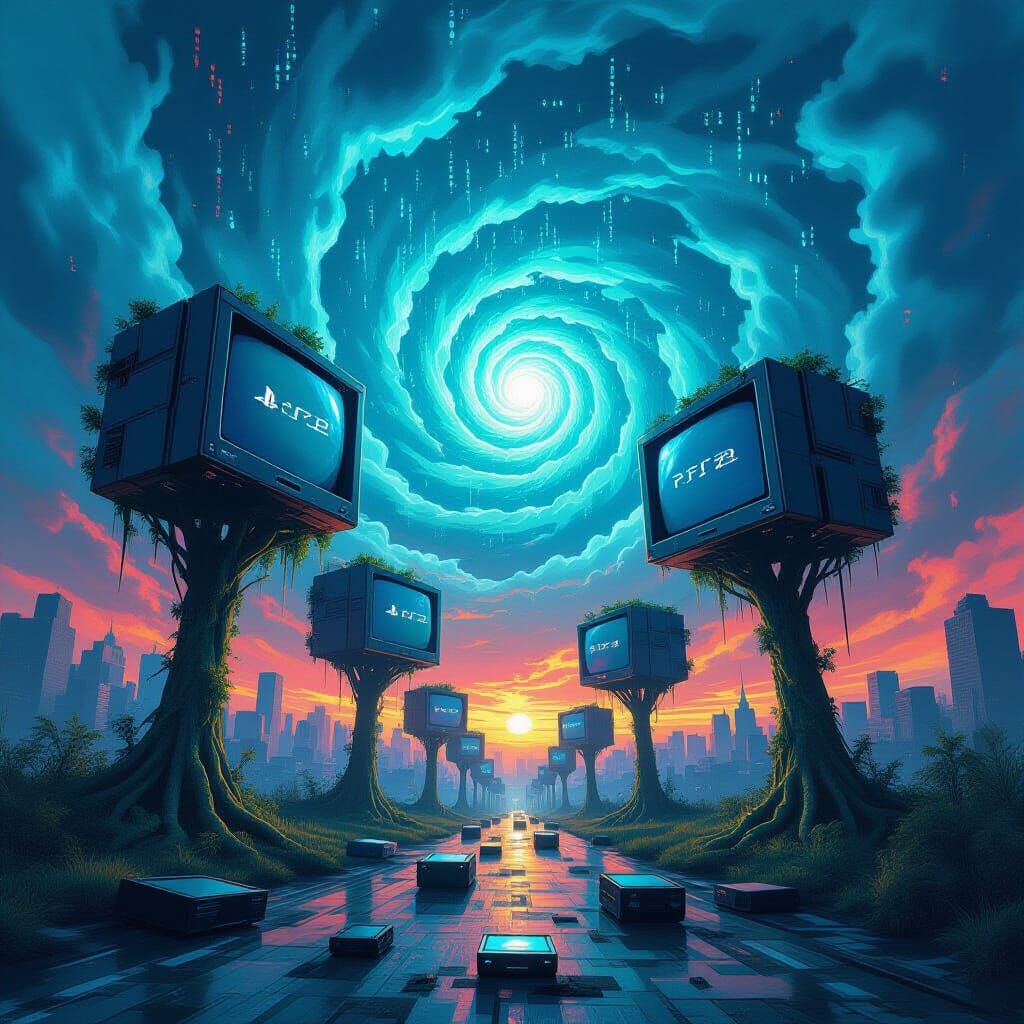 Surreal Cityscape with PlayStation Consoles: A Dystopian Vis...