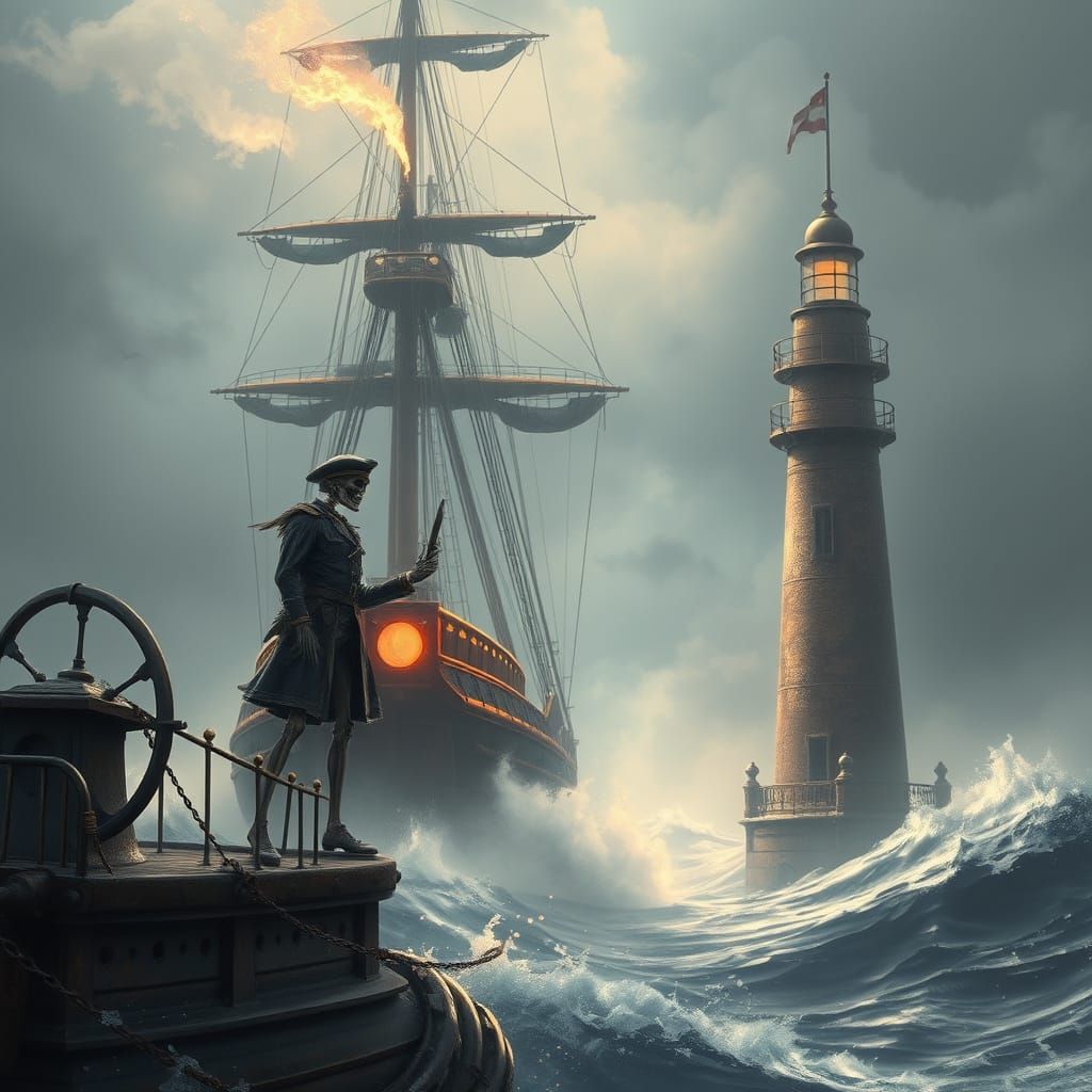 Ghostly Steampunk Ship Sailing Through Mist