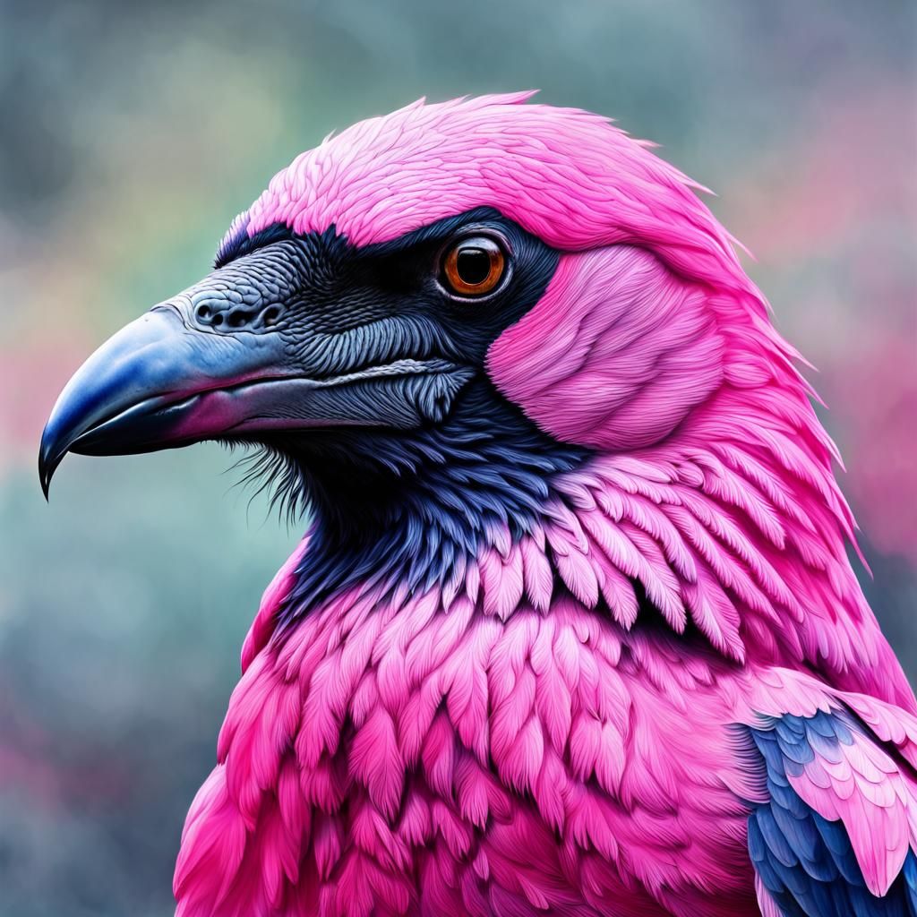 Hyperrealistic Pink Crow Watercolor Painting