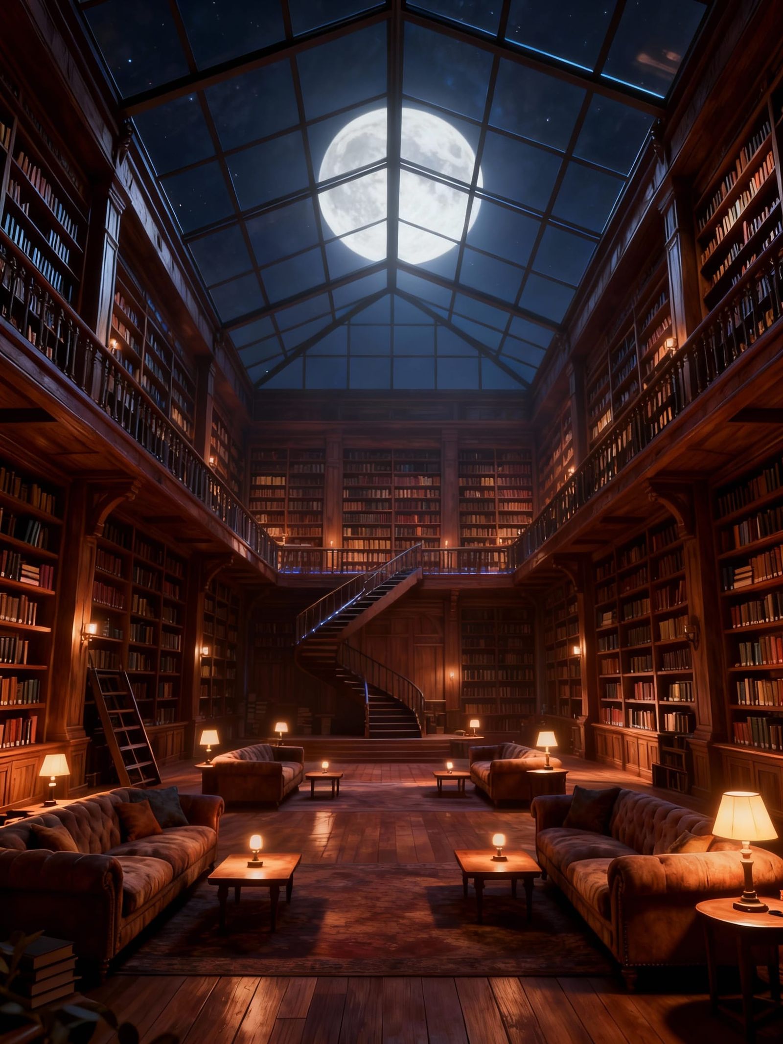 Epic 3D Library Under Moonlit Night Sky