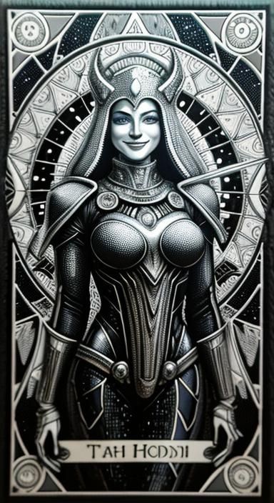 Surreal Smiling Lady Tarot Card in Sci-Fi Style