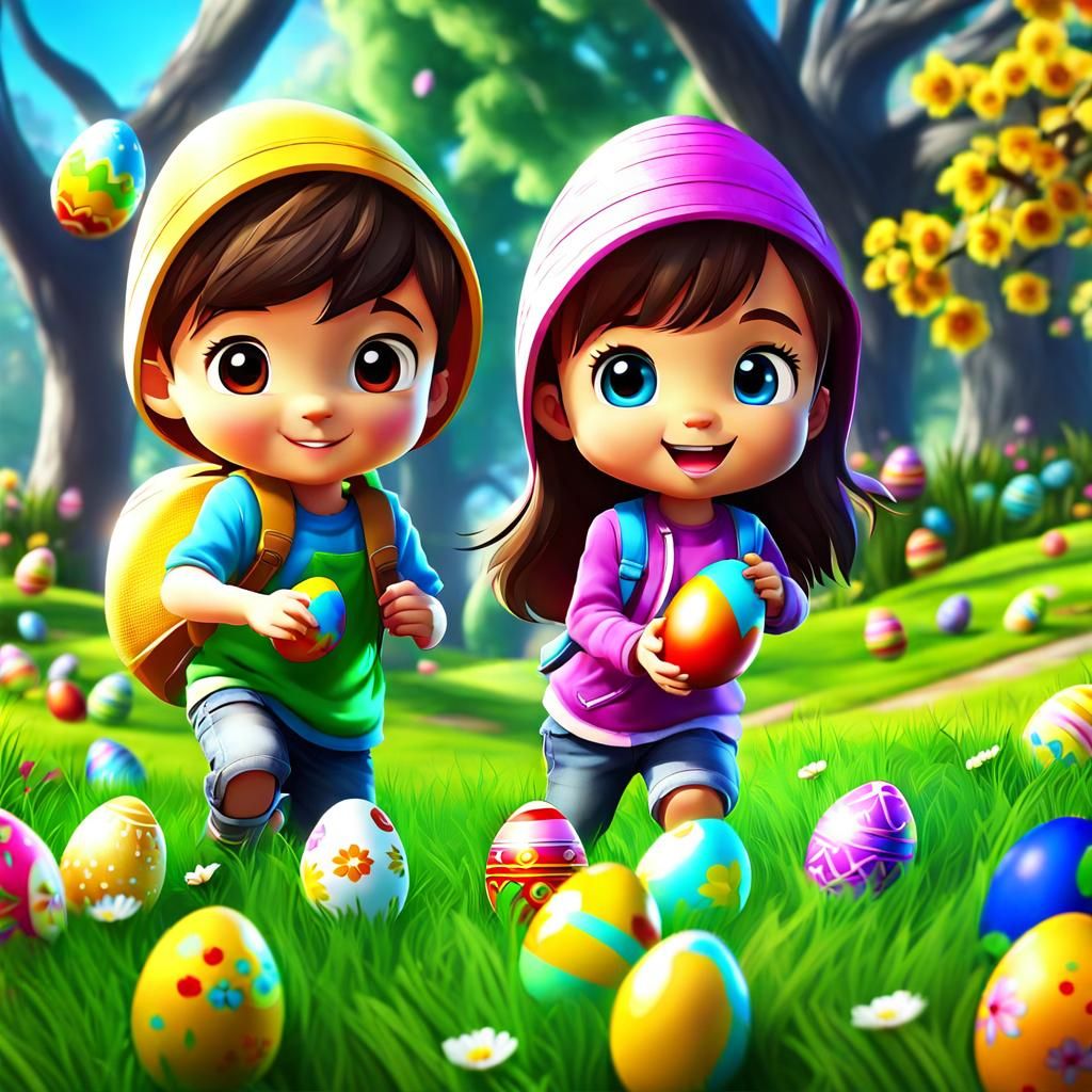 Chibi Kids Easter Egg Hunt in Hyper-Realistic HD
