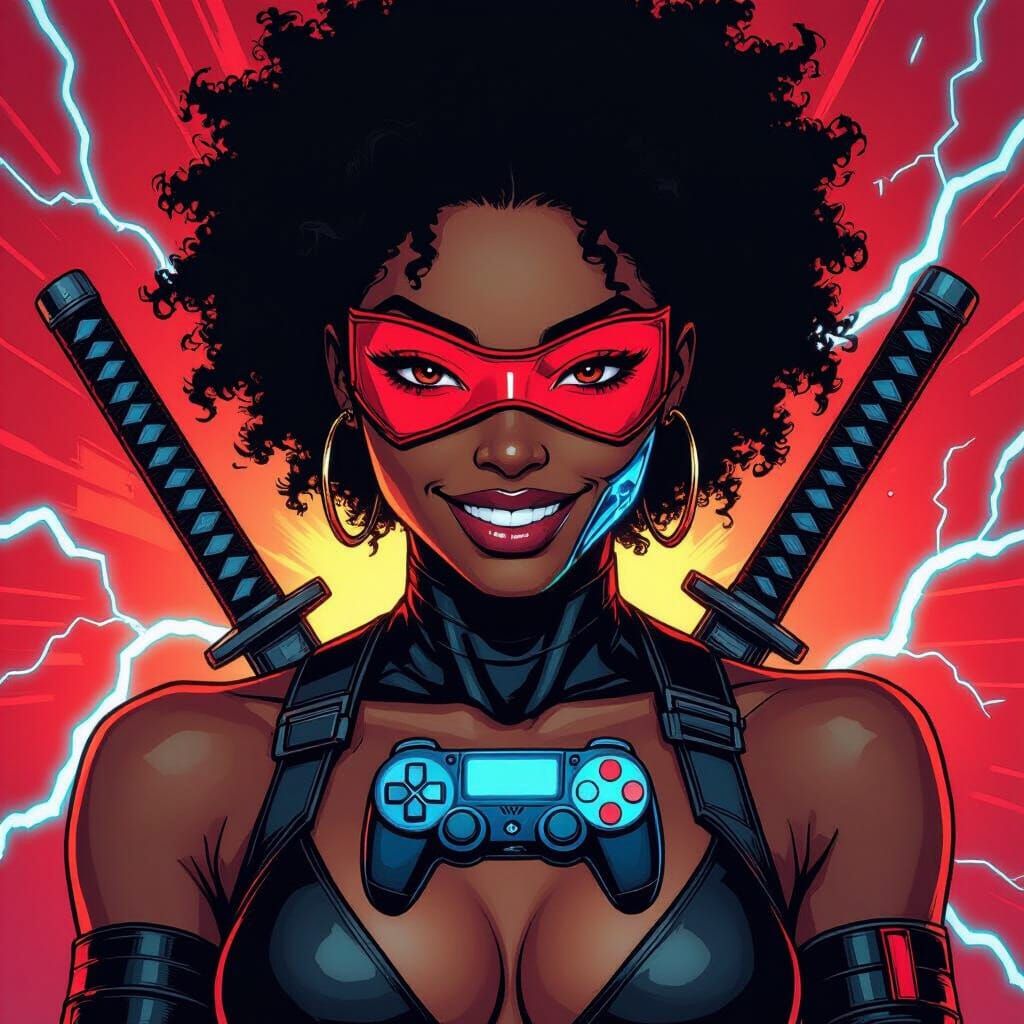 Comic-Book Portrait of Masked Woman with Katanas