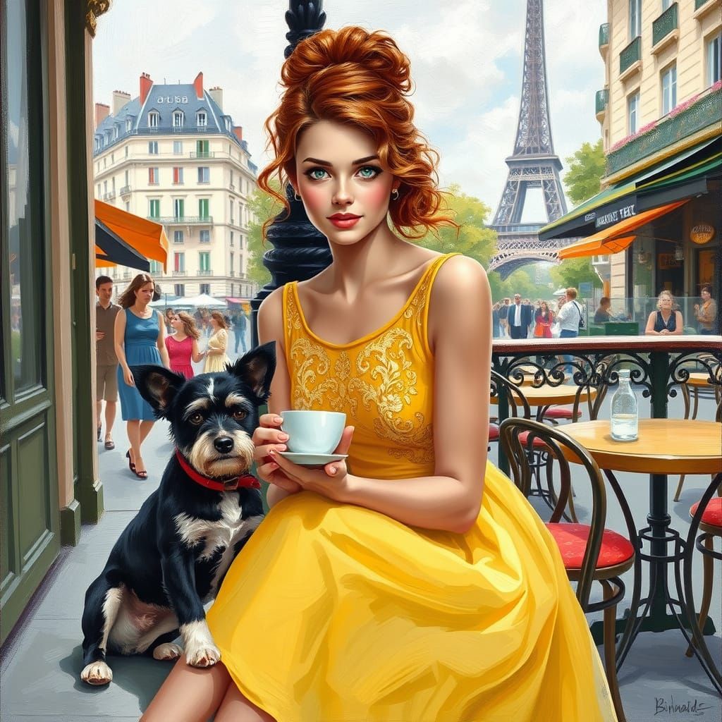 Beautiful detailed airbrush, a young, smiling woman, very elegant, long curly auburn hair raised in a bun, green eyes, d...