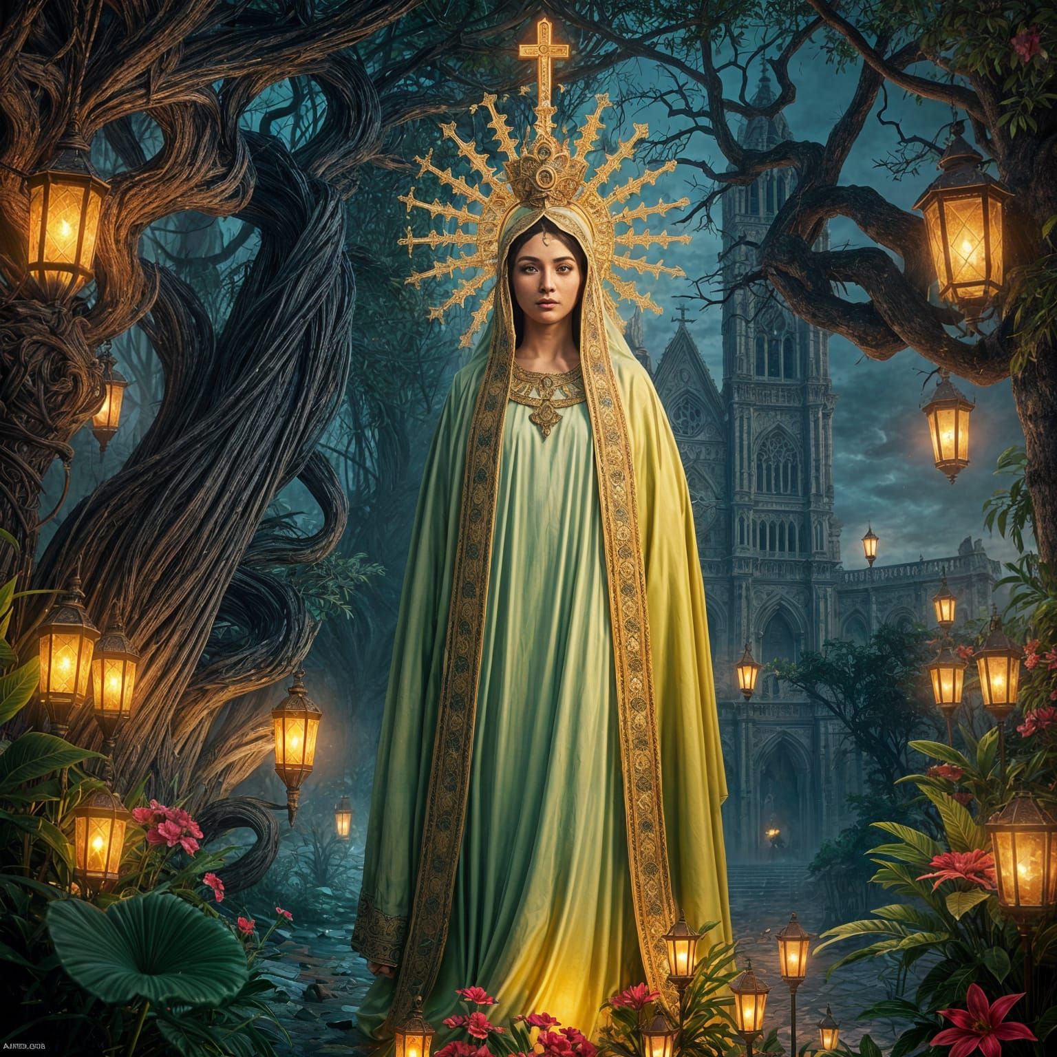 Our Lady Aparecida in Vibrant Fantasy Landscape
