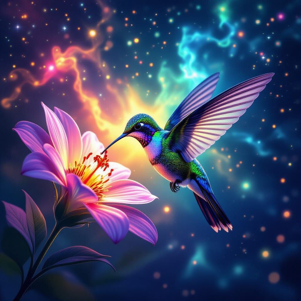 Hummingbird Sipping Nectar in a Cosmic Nebula