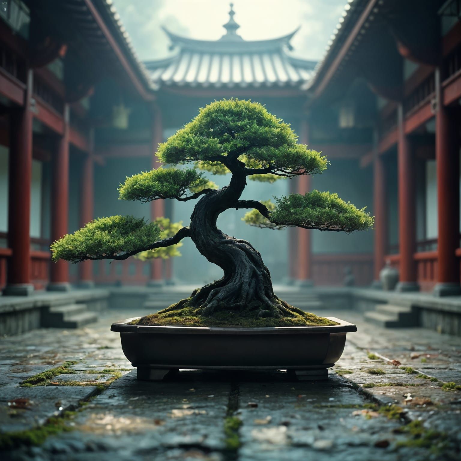 Hyperrealistic Bonsai Tree in Temple: Cinematic Still