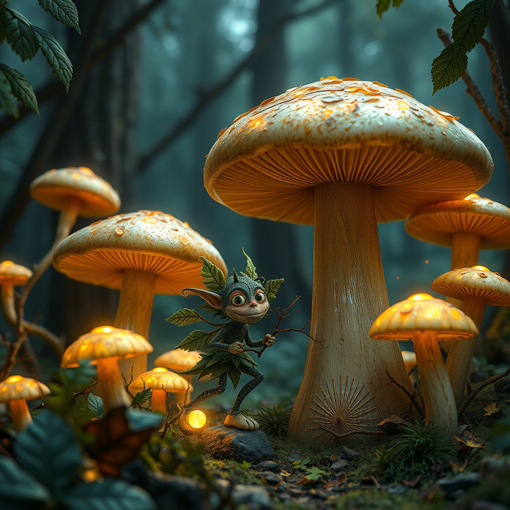 Enchanted Forest Sprite Hiding Among Giant Mushrooms