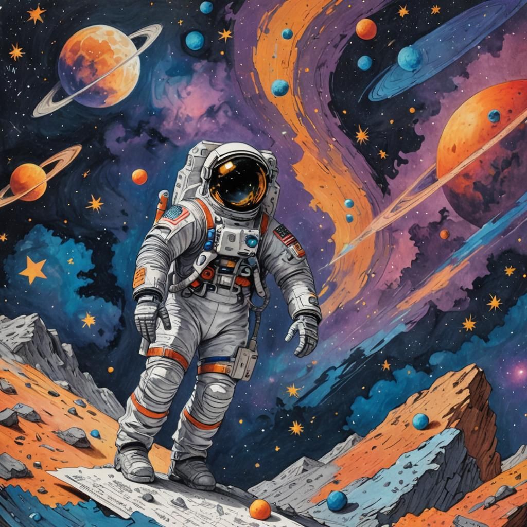 Astronaut on Moon Drawing in Matte Painting Style