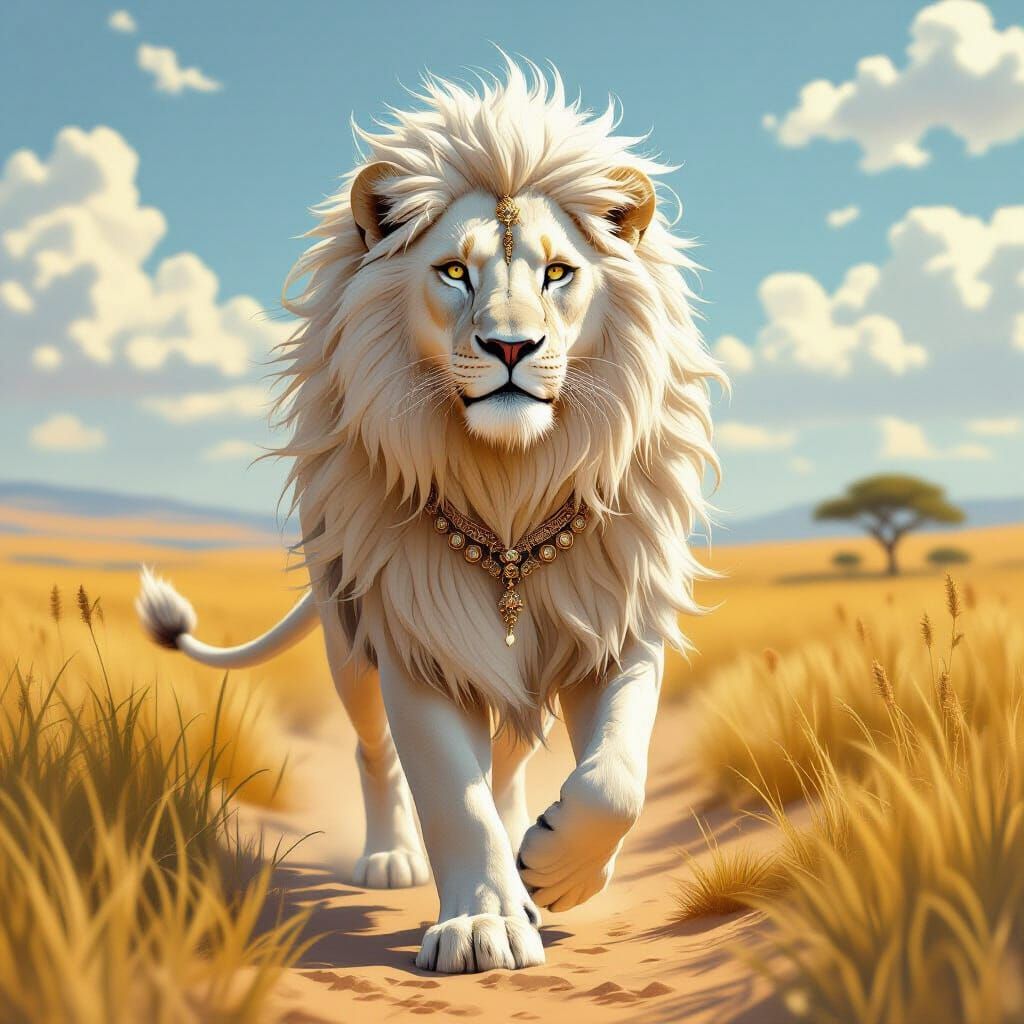 Regal White Lioness Striding Through Sun-Drenched Savanna