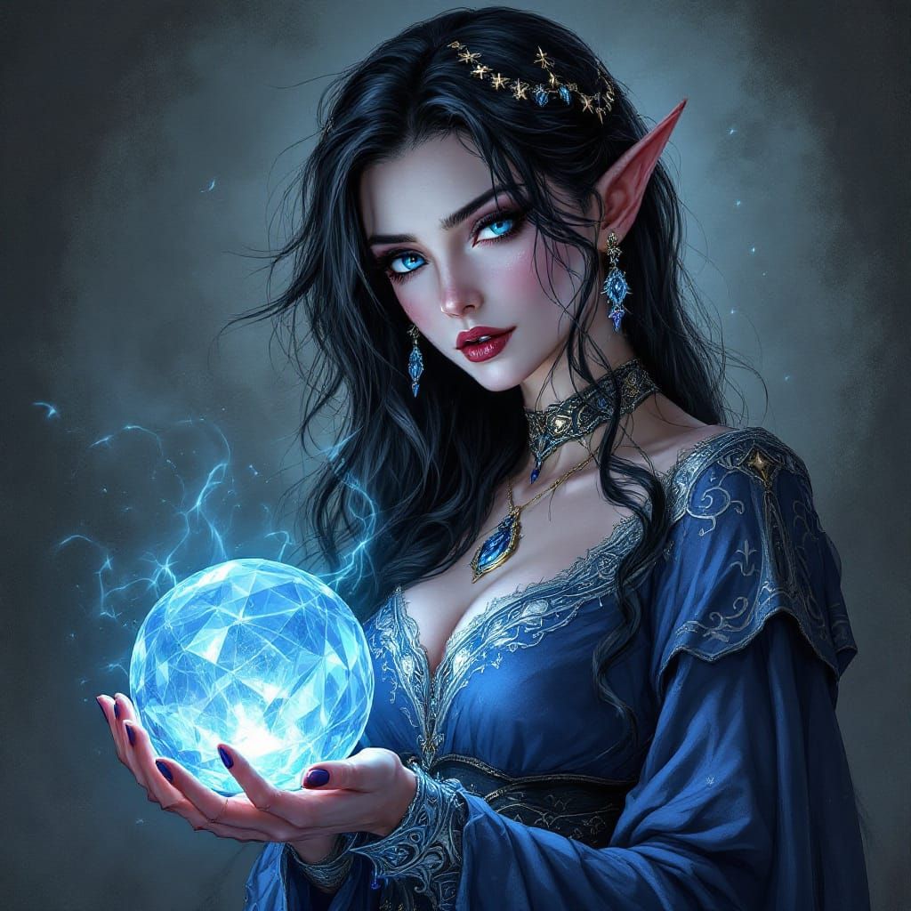 Elf Sorceress Portrait with Crystal Orb in Anime Style