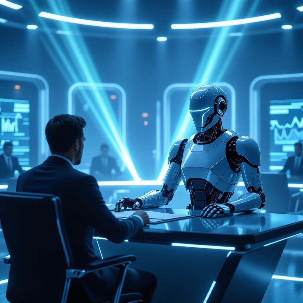 Robotic Judge Battles Lawyer in Futuristic Courtroom