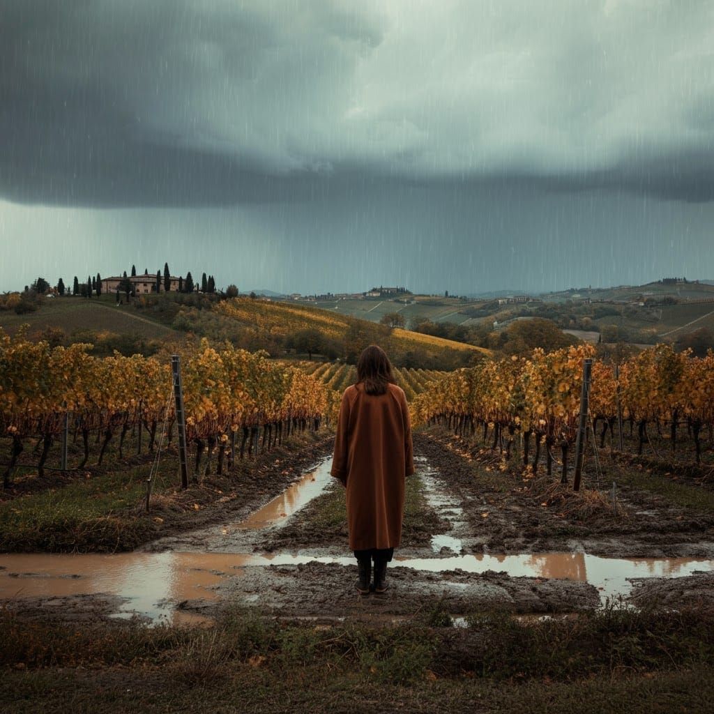 Melancholic Woman in Rainy Italian Landscape