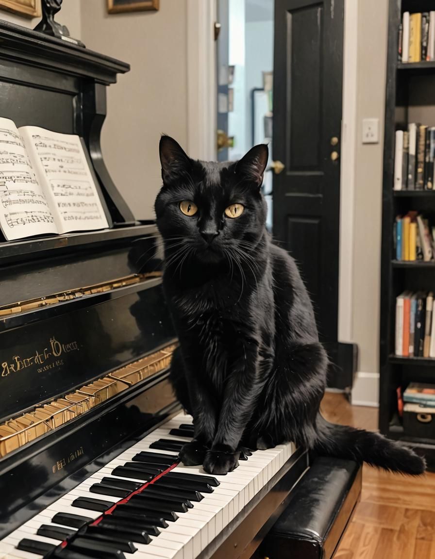 Black Cat Plays Piano: A Whimsical Scene