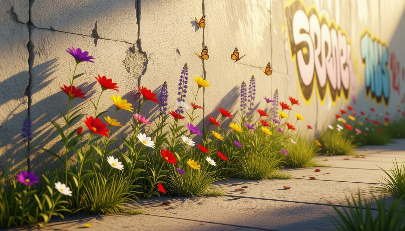 Hyperrealistic Wildflowers and Graffiti Art in Summer Light