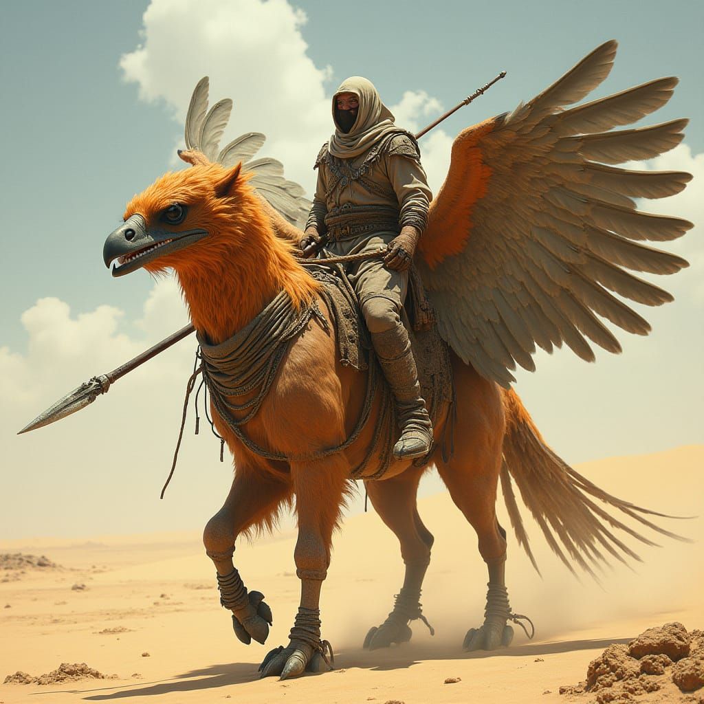 Nomadic Warrior Riding Feathered Griffin in Wasteland