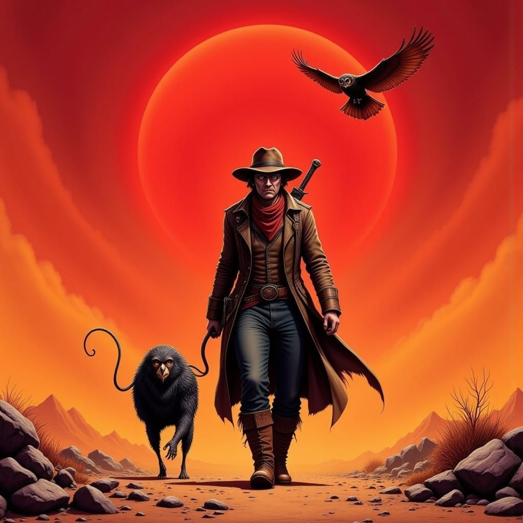 in a red sky Post-Apocalyptic, dust bowl, a lone figure stri...