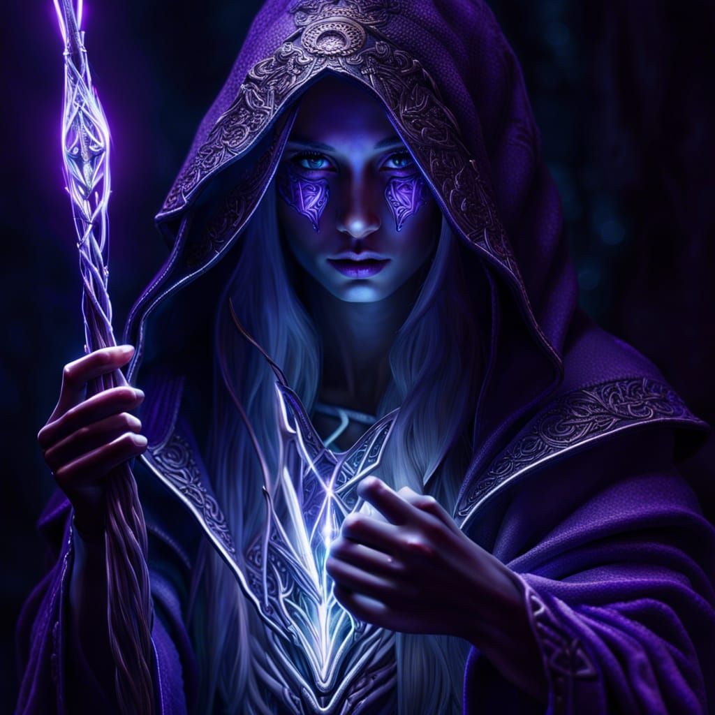 Hooded Elf with Glowing Staff in Dark Fantasy