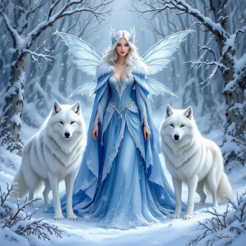 Winter Fairy with Wolves in Snowy Forest