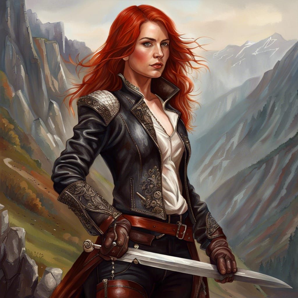 Red-Haired Woman with Sword in Detailed Medieval Painting