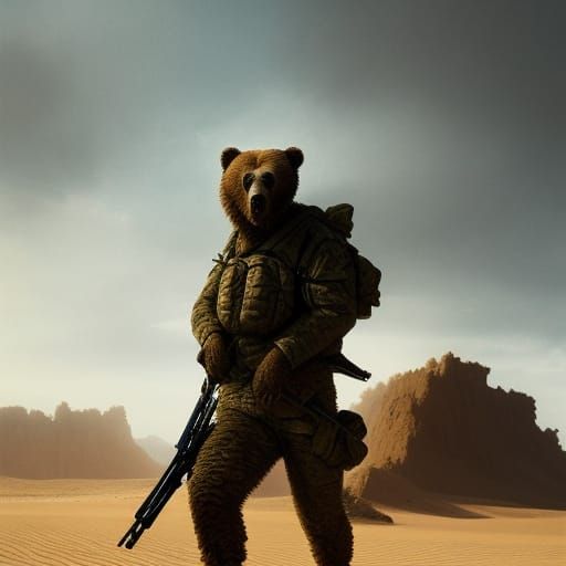 Anthropomorphic Grizzly Bear Soldier in Desert Photo