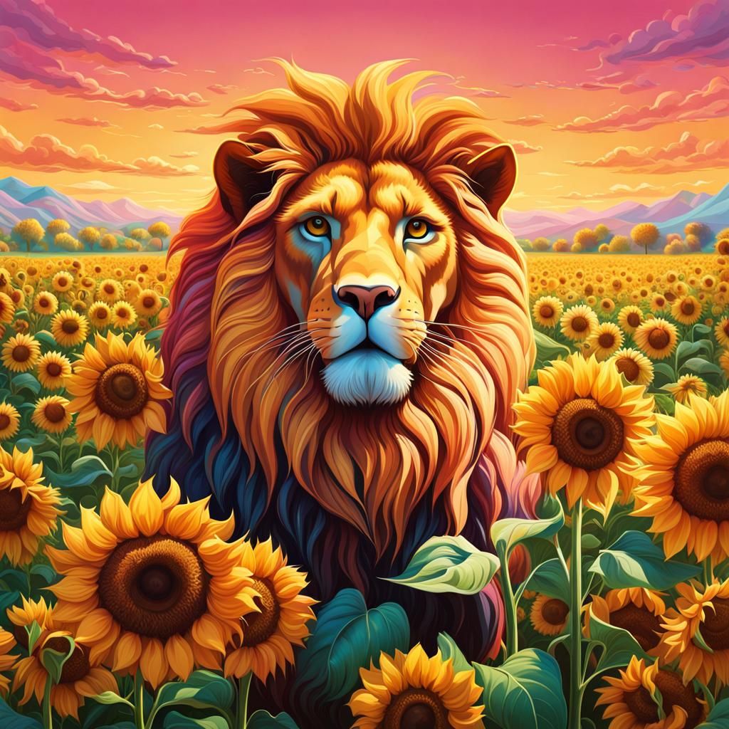 Lion in Sunflower Field: Candy Art Style