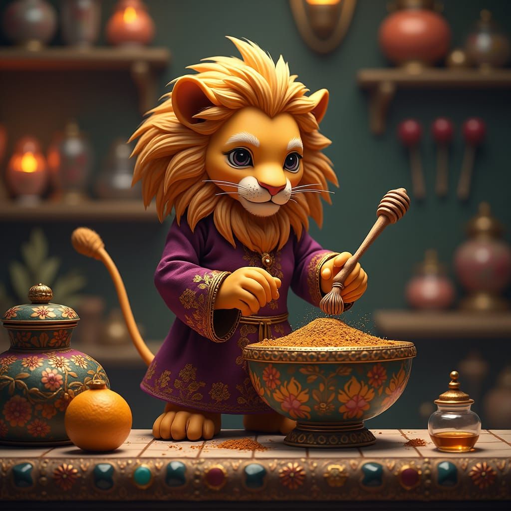 Lioness Brewing Potion in Fantasy Apothecary