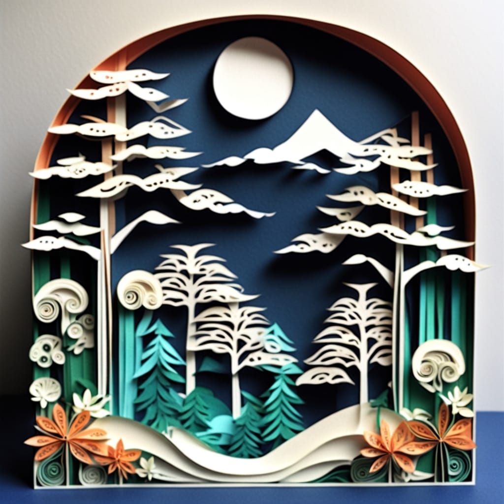 Dramatic Forest Scene in Japanese Kirigami Style