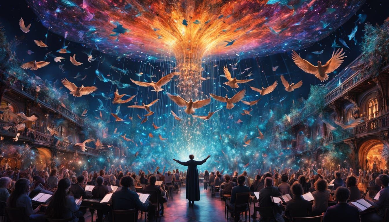 Ethereal Conductor Transforms into Birds Amidst Cosmic Energ...