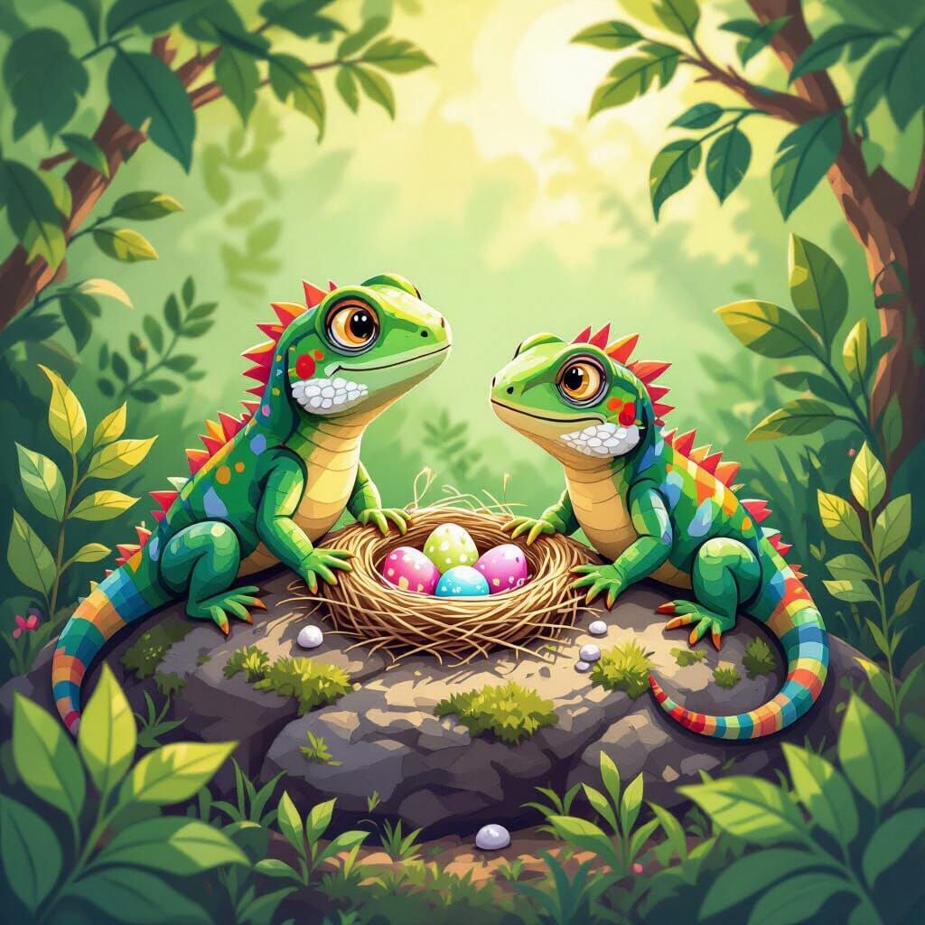 Whimsical Lizards Guarding Eggs in Vibrant Children's Drawin...