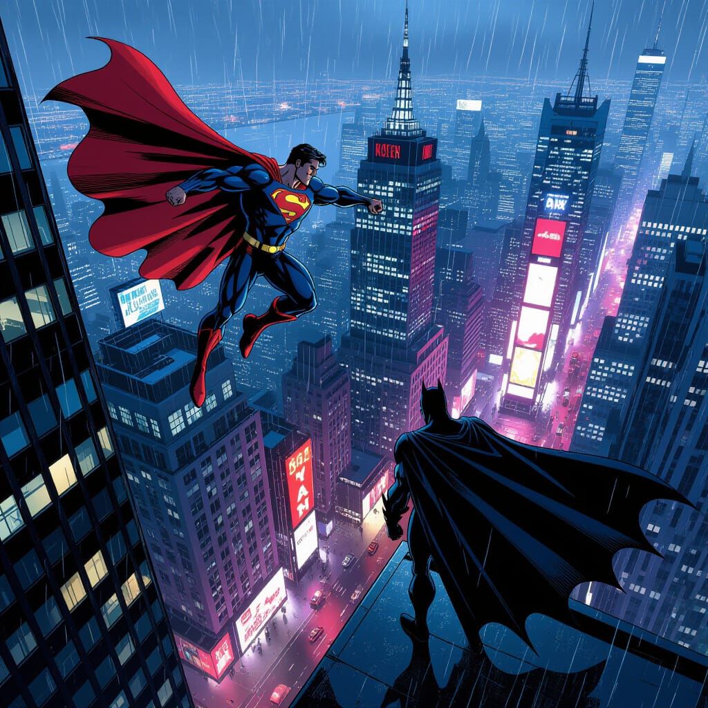 Superman Hovers Over NYC, Batman Protects Below in Epic Comi...