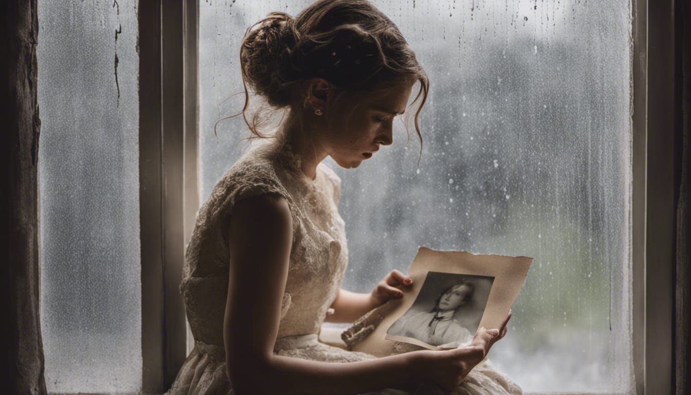 Girl Crying by Window with Photograph