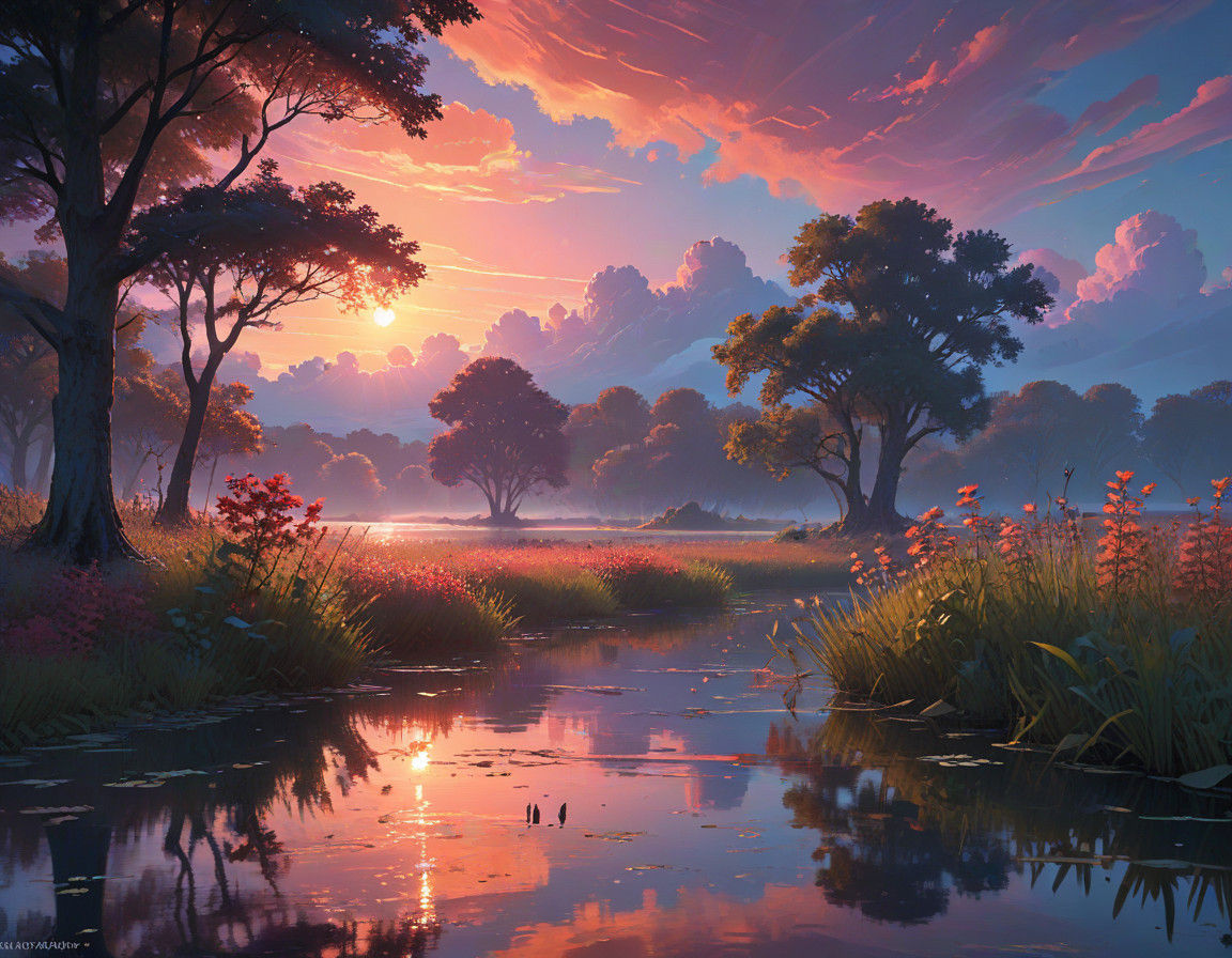 Surreal Summer Twilight Masterpiece Over a Lagoon