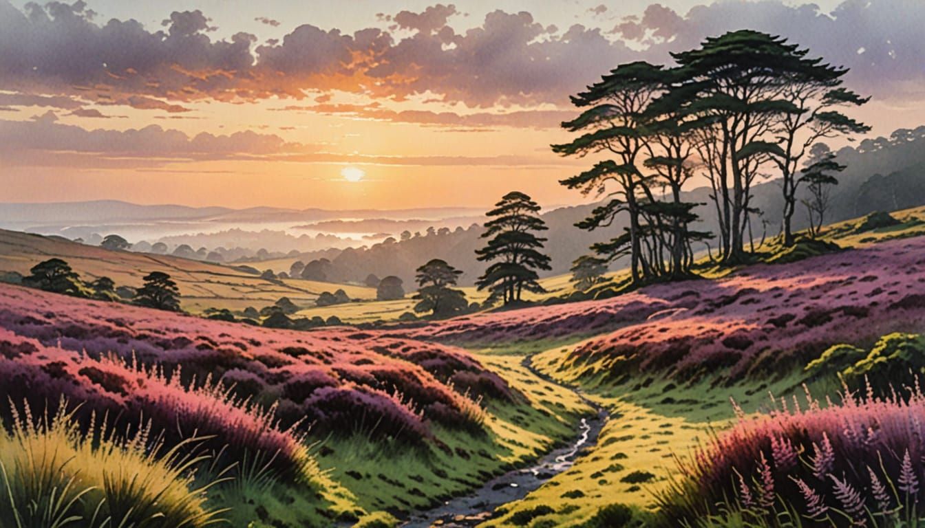 Ireland Moor Sunrise in Soft Watercolor Pastels