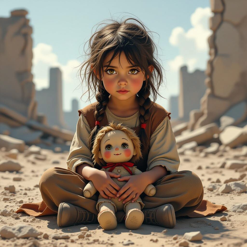 Young Girl in Post-Apocalyptic Ruins with Rag Doll