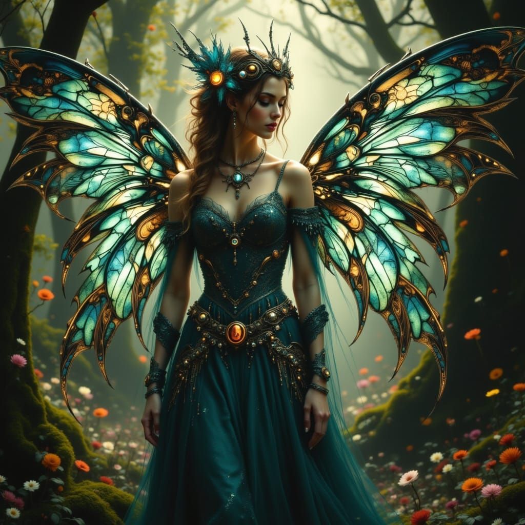 Elven Clockwork Angel in Ethereal Forest