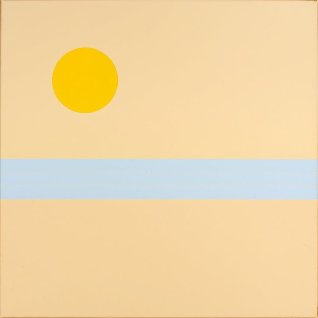 Simplified Yellow Sun Over Soft Blue Stripes in Desert Lands...
