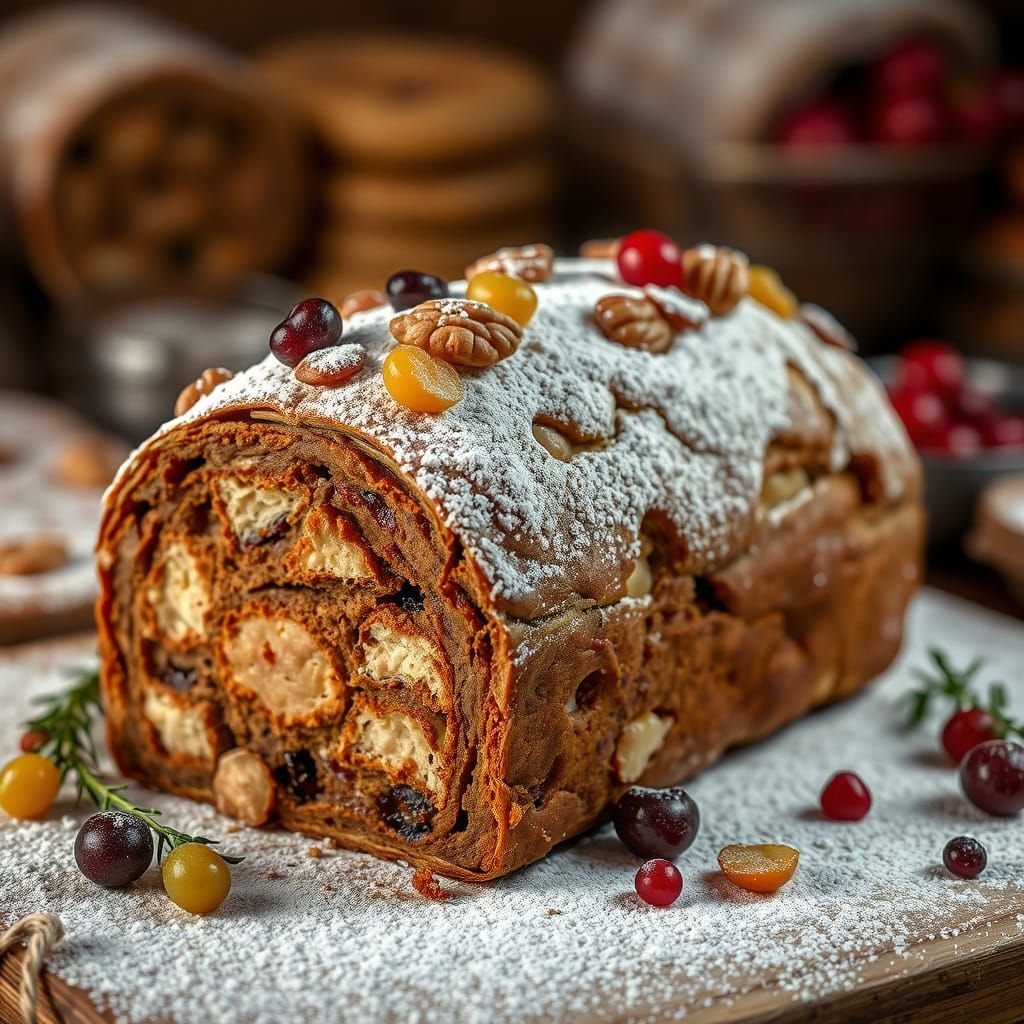 German Stollen with Candied Fruit, Photorealistic Still Life