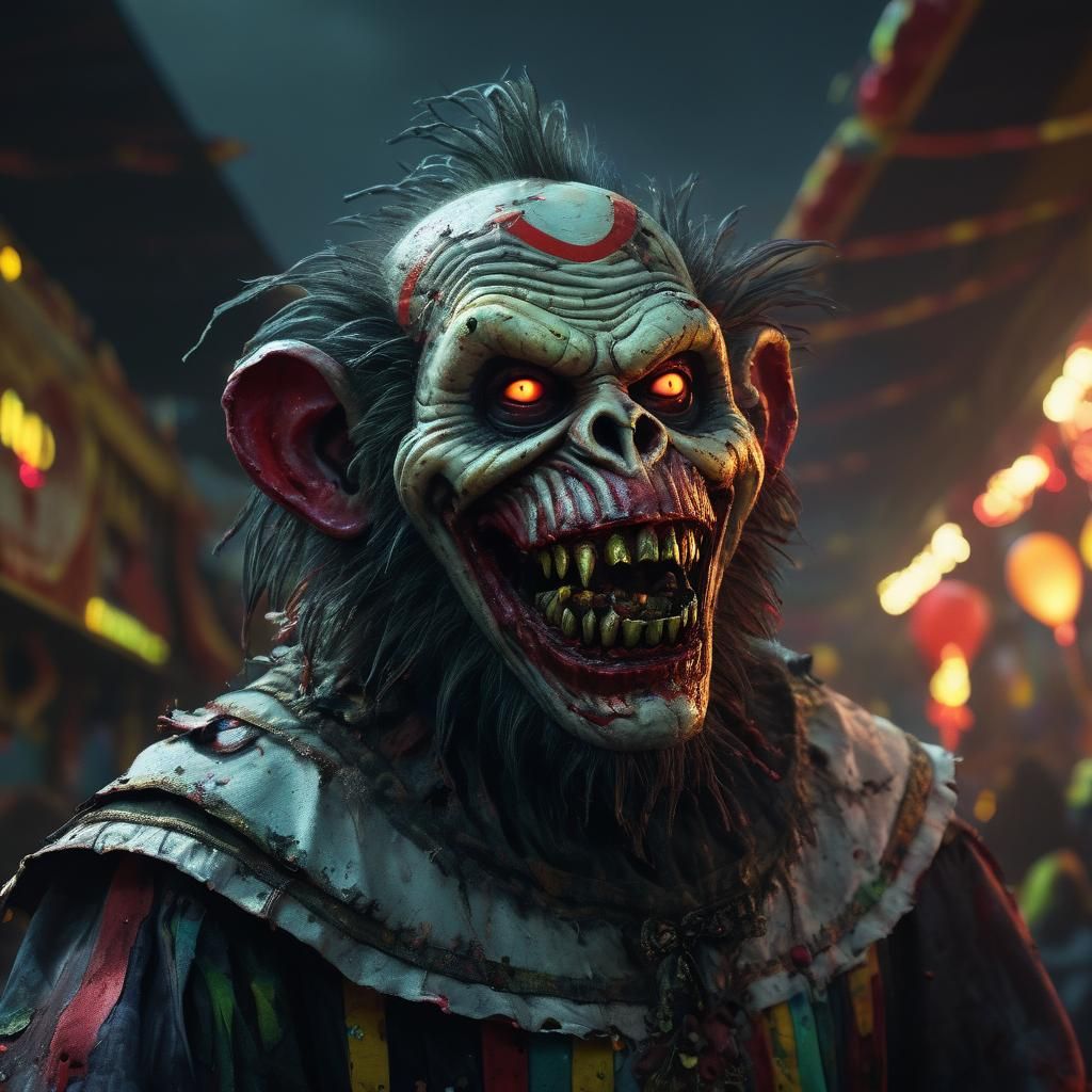 Zombie Hybrid Creature in Abandoned Carnival, Digital Art