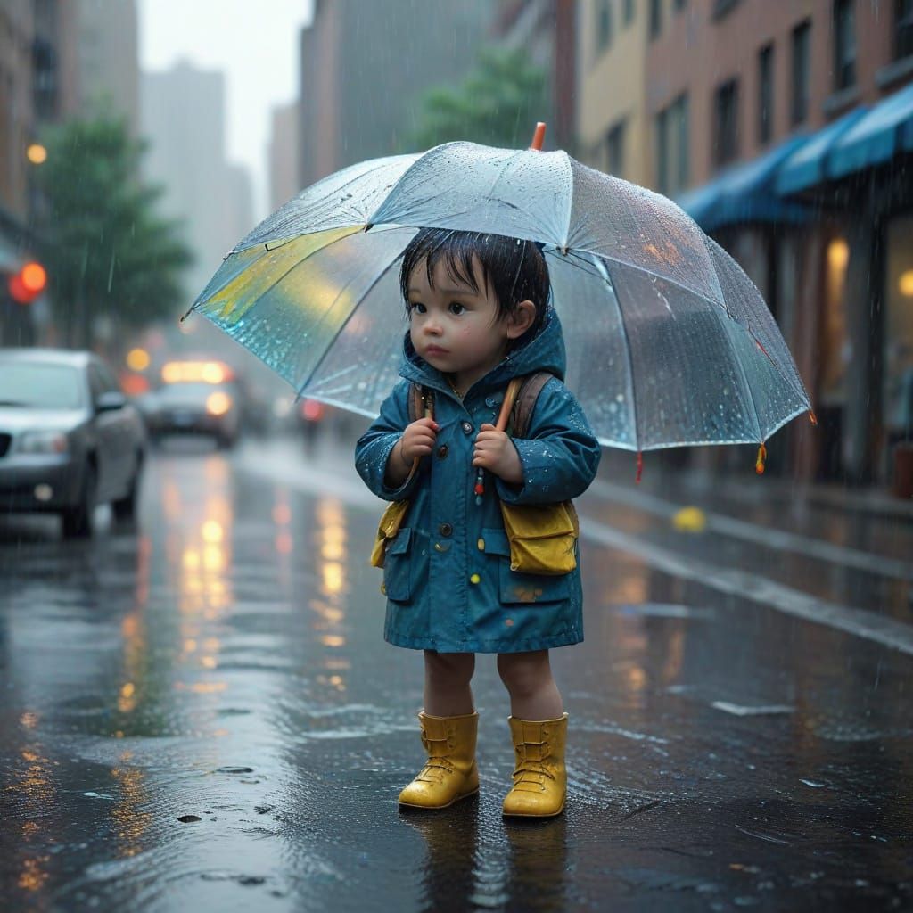 Cute Baby in Whimsical Rainy Day Scene