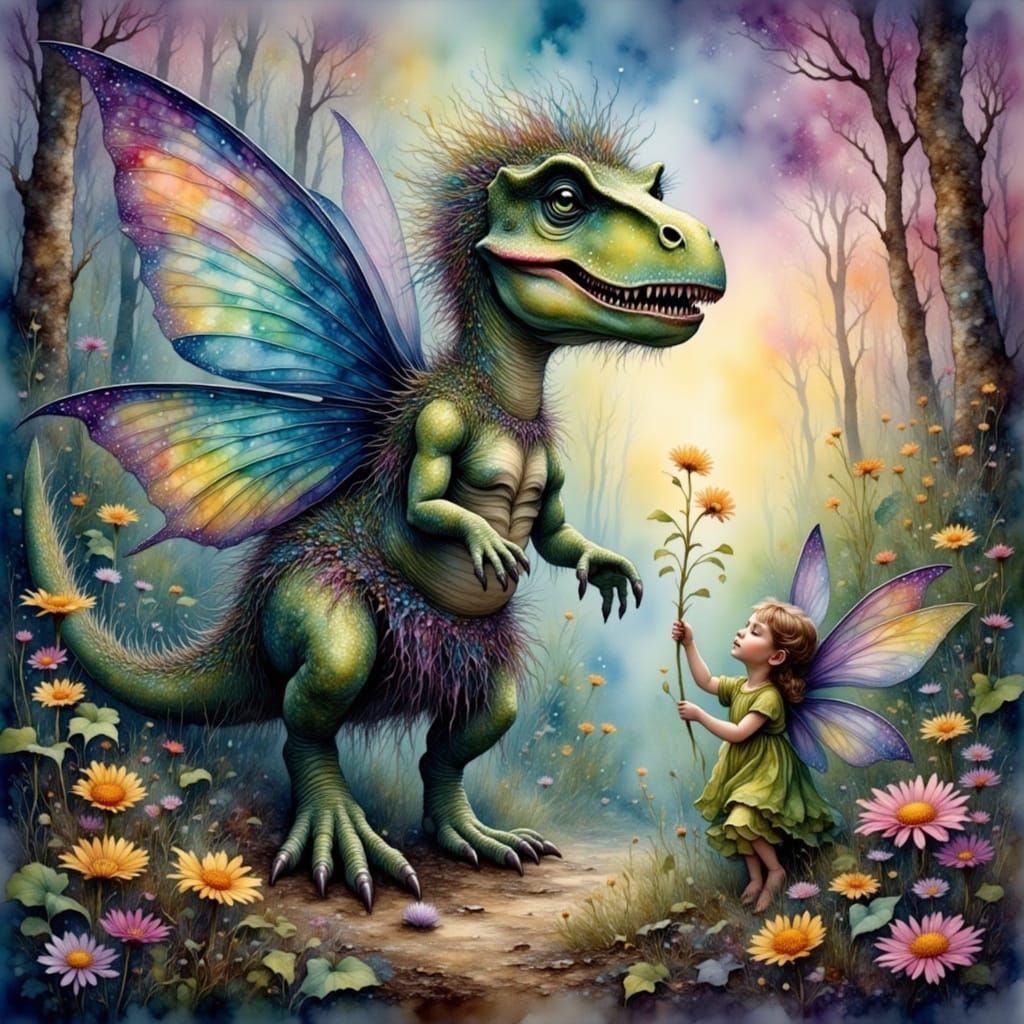 Surreal Fairy Dinosaur Scene in Whimsical Ink Art Style