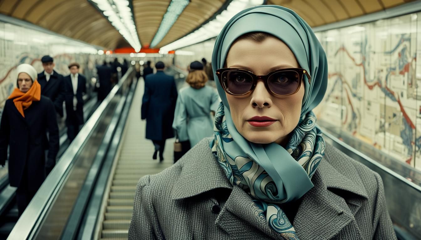 Femme Fatale Agent on Prague Metro Escalator