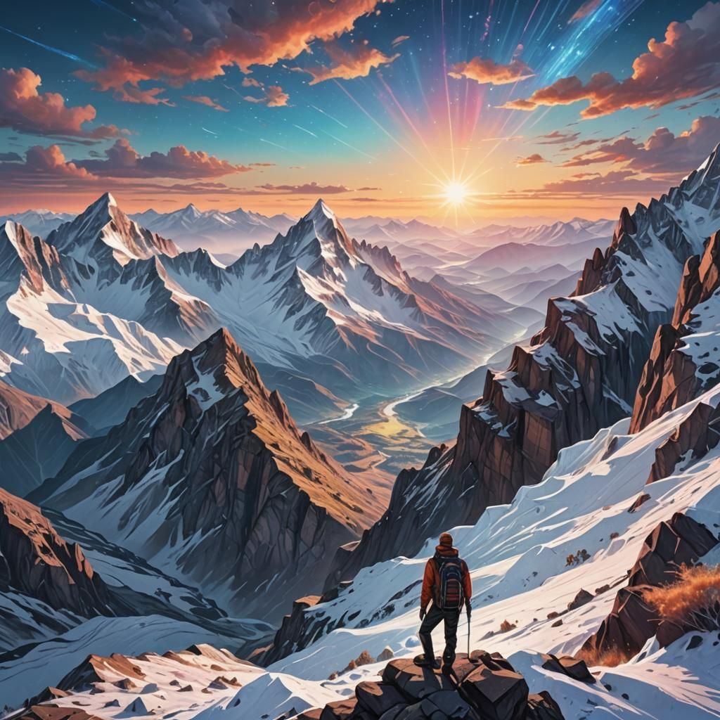 Hiker's Sunrise View: Holographic Cosmic Illustration