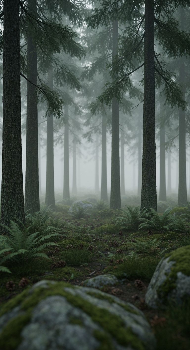 Ethereal Fog Engulfs Dense Pine Forest Interior