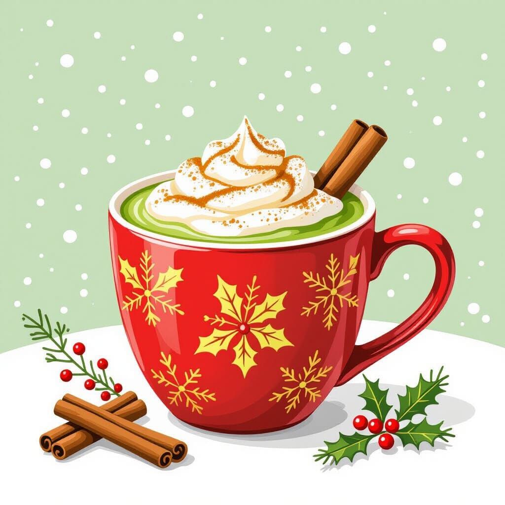 Matcha Latte in Festive Christmas Mug with Cinnamon