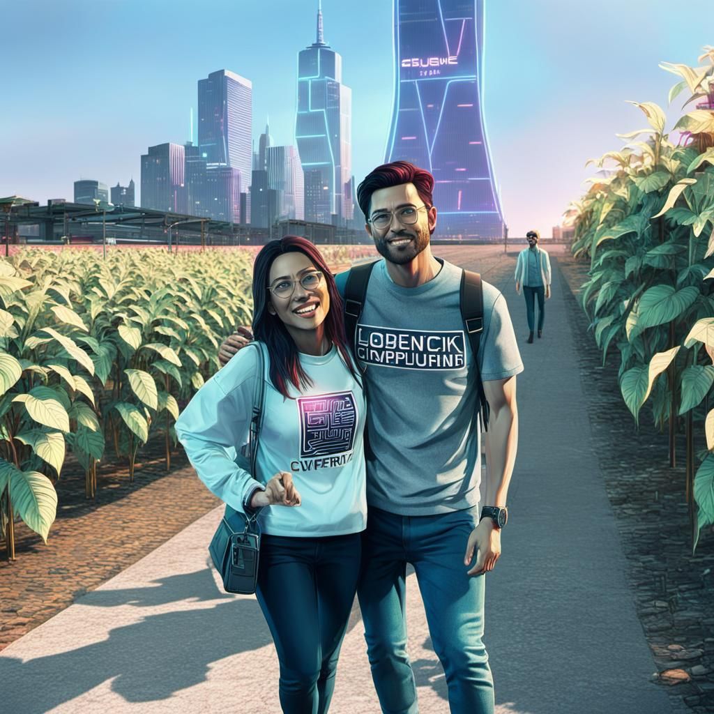 Neon Cyberpunk: Couple Strolls Through Futuristic City