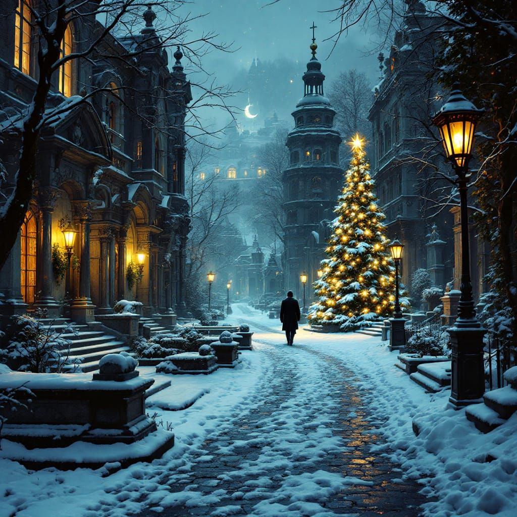 Creepy Karlovy Vary Cemetery at Winter Night
