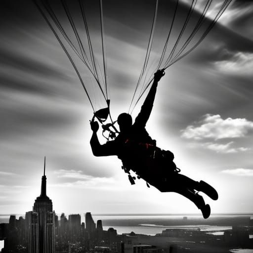 Man Parachuting in Hyperrealistic New York Scene