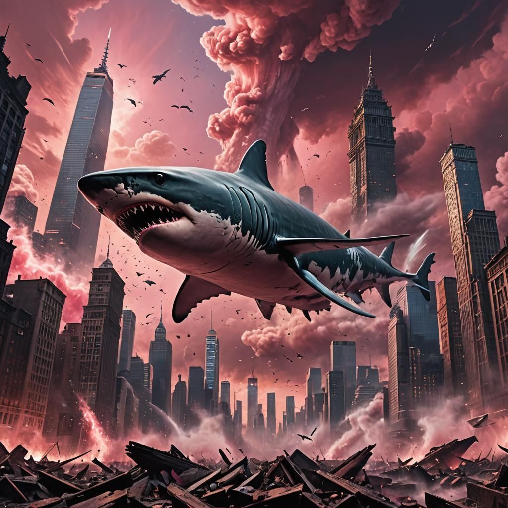 Dystopian Megalodon Feast in Ruined Cityscape