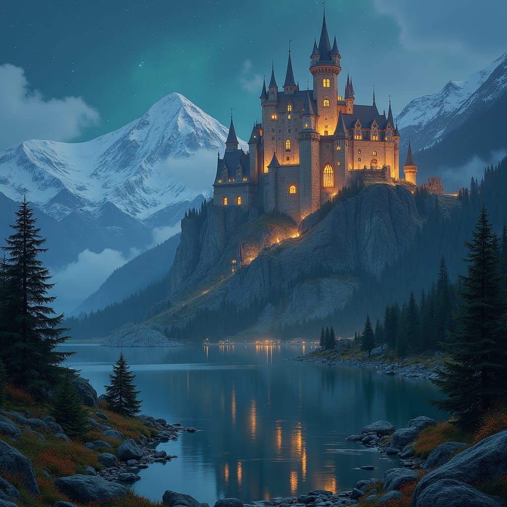 Majestic Castle on Snow Mountain Under Starry Sky
